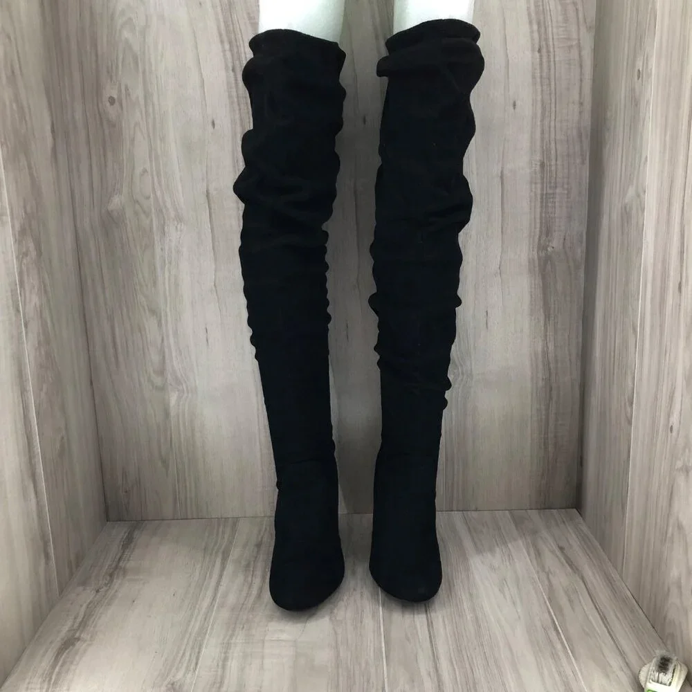 Over The Knee Boots Womens 8 Black Fabric Slouch Pull On OTK